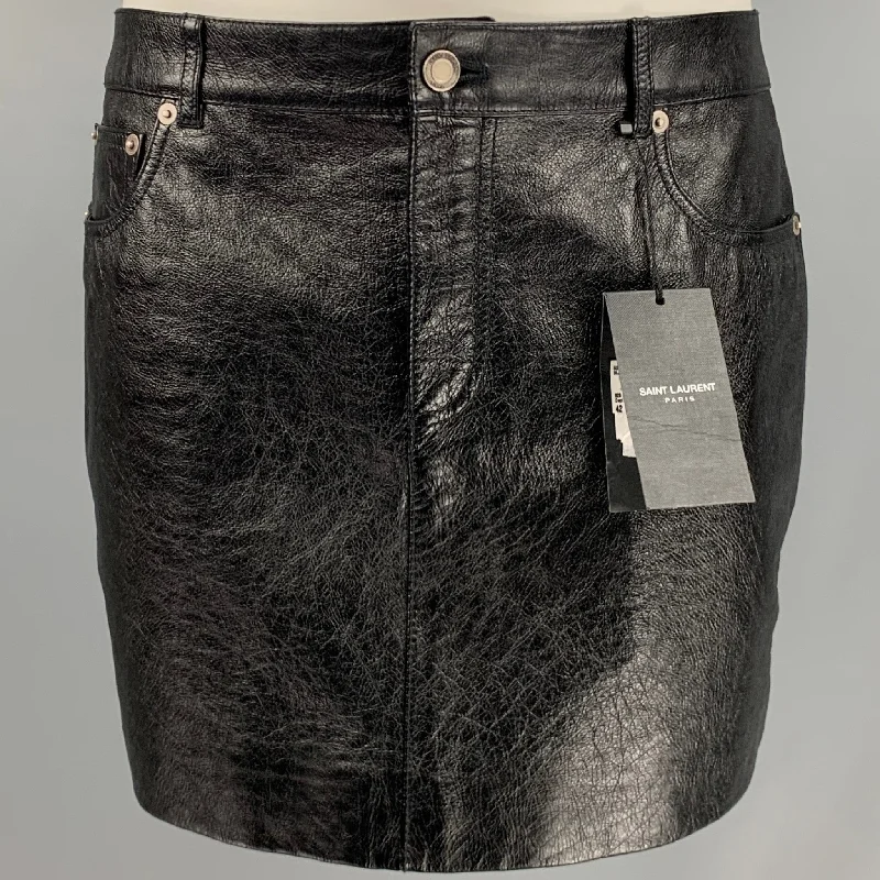 SAINT LAURENT Size 10 Black Leather Mini Skirt button skirt front