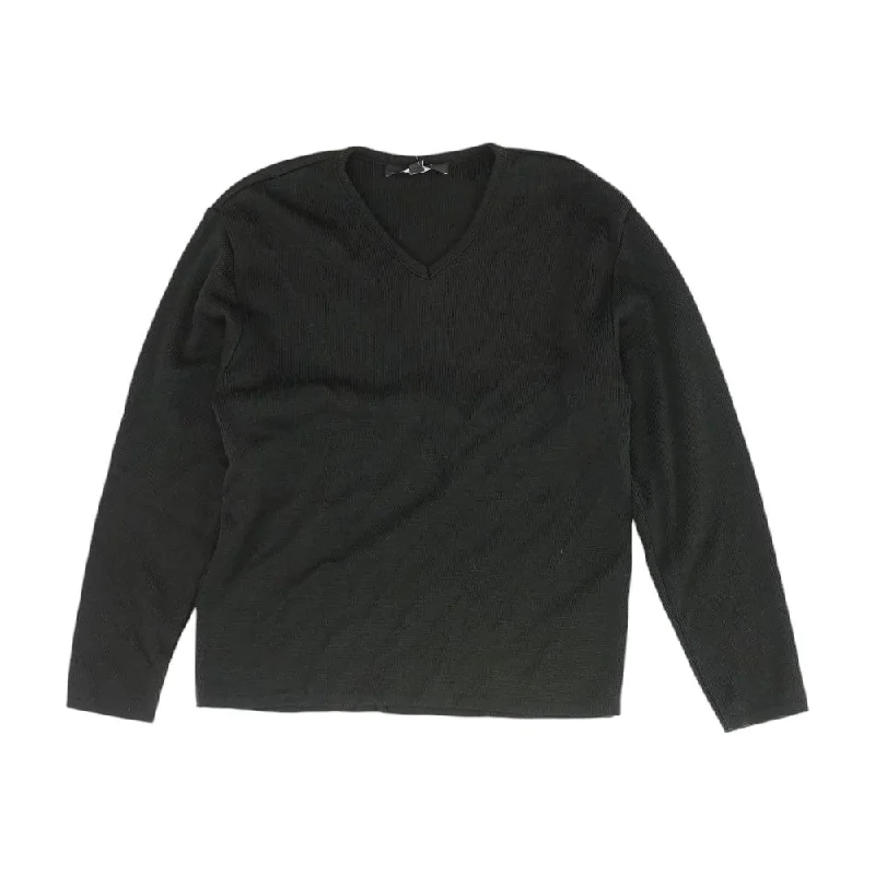 Black Solid V-Neck Sweater Denim Fabric Leather Fabric Suede Fabric