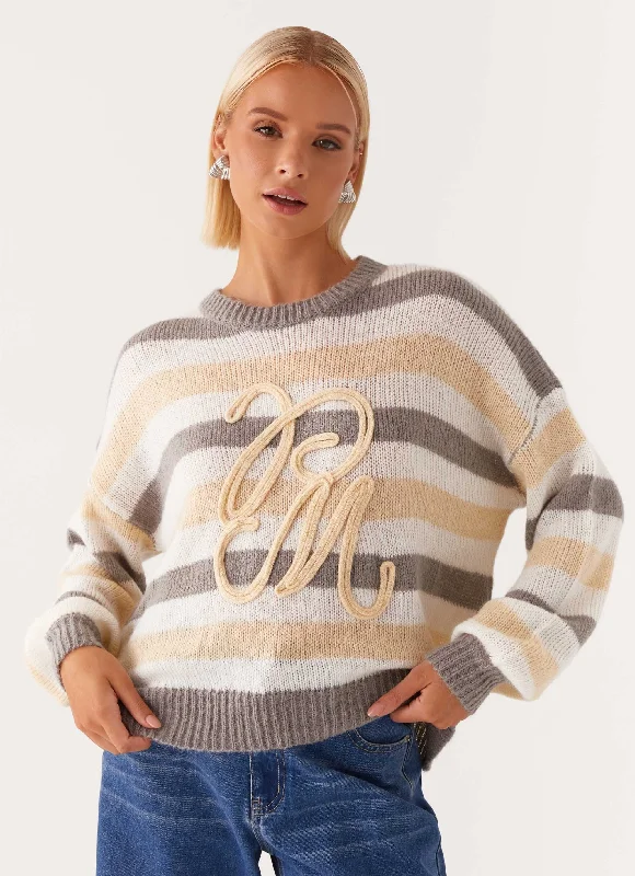 Main Character Oversized Knit Sweater - Stripe Mesh Fabric Canvas Fabric Denim Fabric Main Character Oversized Knit Sweater - Stripe Mesh Fabric Canvas Fabric Denim Fabric