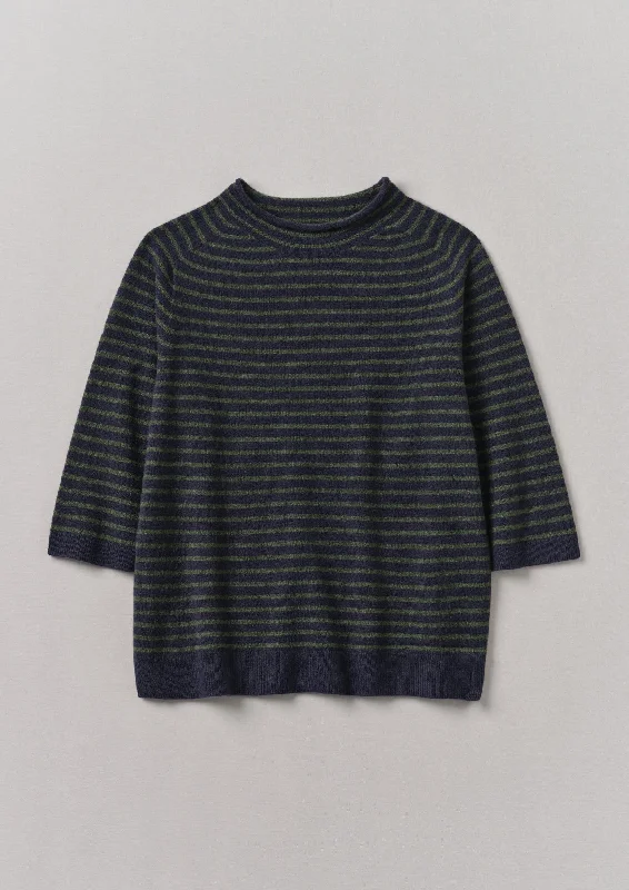 Stripe Wool Cashmere Half Sleeve Sweater | Dark Navy/Olive Satin Blend Silk Blend Wool Blend