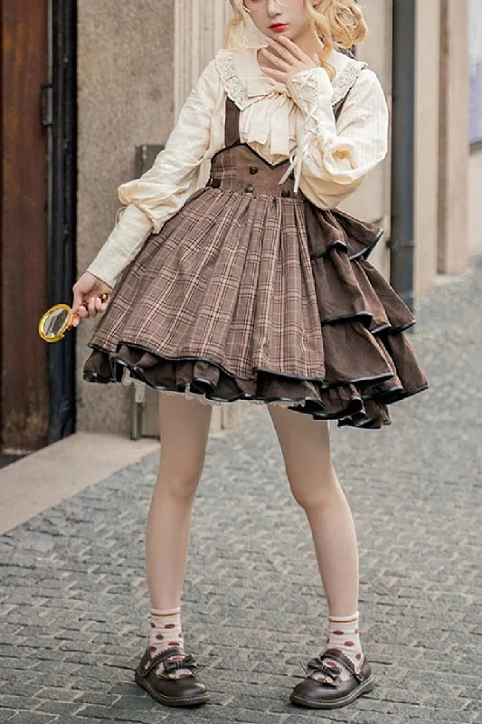 Brown Sherlock Detective Ruffle Color Matching Gothic Lolita Strap Skirt lace skirt romantic