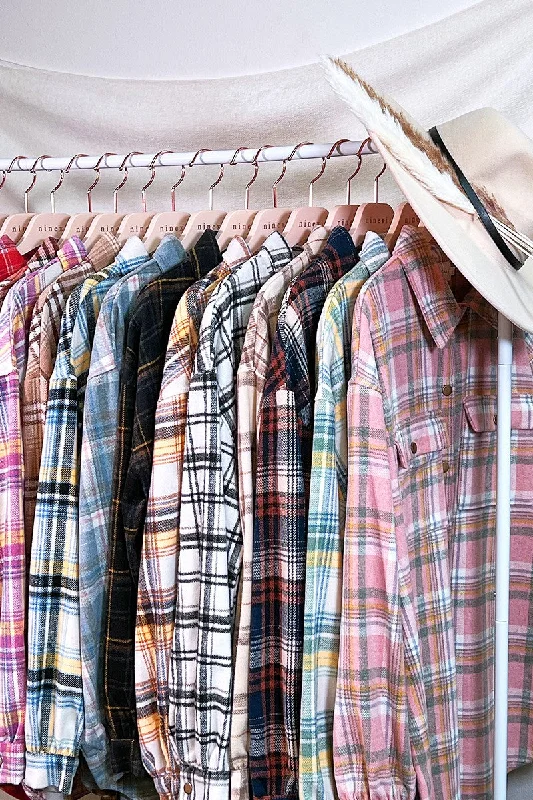 FLANNEL PLAID JACKET SHACKET WITHOUT SIDE POCKET Satin Fabric Silk Fabric Chiffon Fabric