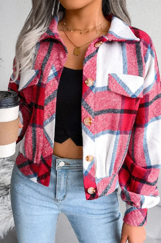 WOMEN PLAID PATTERN BUTTON UP SHORT LENGTH JACKET Rayon Fabric Velvet Fabric Corduroy Fabric WOMEN PLAID PATTERN BUTTON UP SHORT LENGTH JACKET Rayon Fabric Velvet Fabric Corduroy Fabric