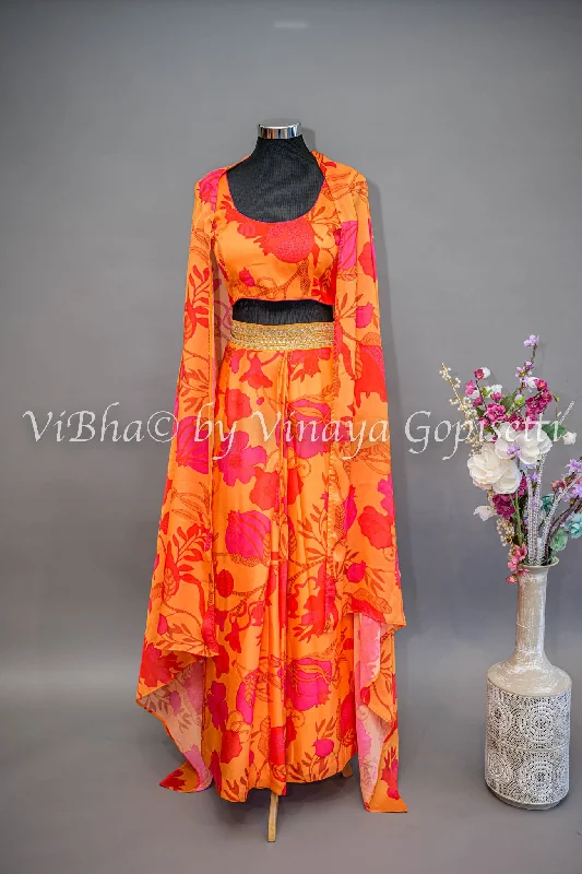 Tangerine And Coral Pink Floral Print Cowl Skirt With Detachable Cape corduroy skirt cozy