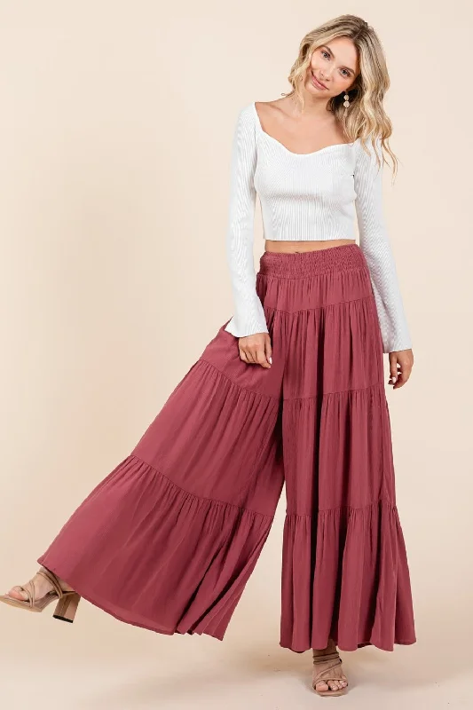 Hazel Blues® | Mittoshop Tier Detail Smocked Elastic Waist Wide Leg Pants Soft Wool Pants Hazel Blues® | Mittoshop Tier Detail Smocked Elastic Waist Wide Leg Pants Soft Wool Pants