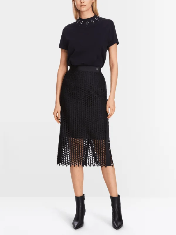 Marc Cain Collections Openwork Midi Skirt In Midnight Blue XC 71.10 W36 COL 395 asymmetrical skirt cut Marc Cain Collections Openwork Midi Skirt In Midnight Blue XC 71.10 W36 COL 395 asymmetrical skirt cut