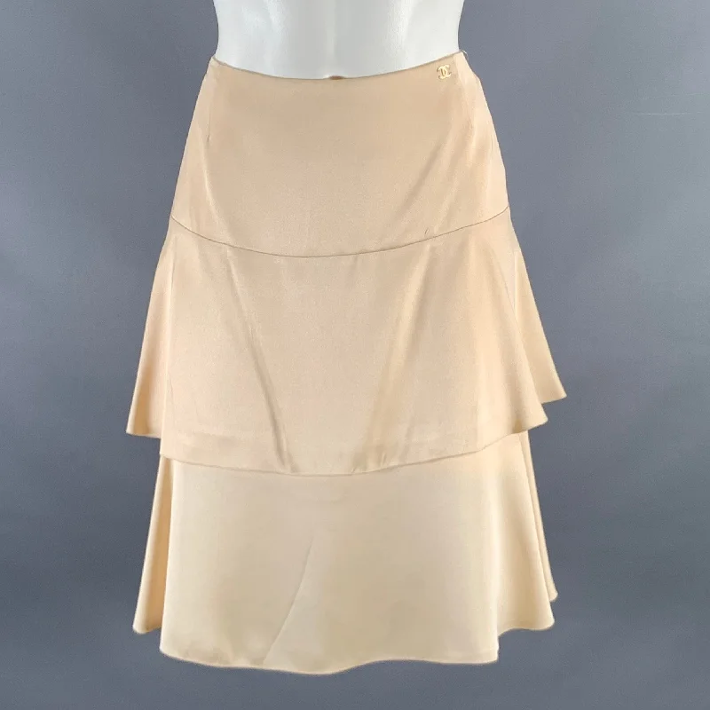 CHANEL Size 4 Beige Silk Layered Below Knee Skirt ribbed skirt waist