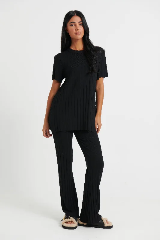 Leighton Ribbed Pant Black Sleek Black Pants
