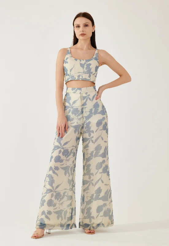 Cream and blue floral pants Trendy Wide-Legged Trousers