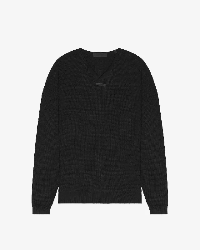 Waffle Henley Sweater Black Boat Neck Shawl Collar Notched Collar