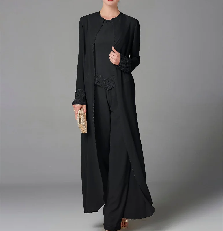 Chiffon Long Sleeves Mother of the Bride Pantsuits with Jacket & Sequins Classic Straight Pants Chiffon Long Sleeves Mother of the Bride Pantsuits with Jacket & Sequins Classic Straight Pants
