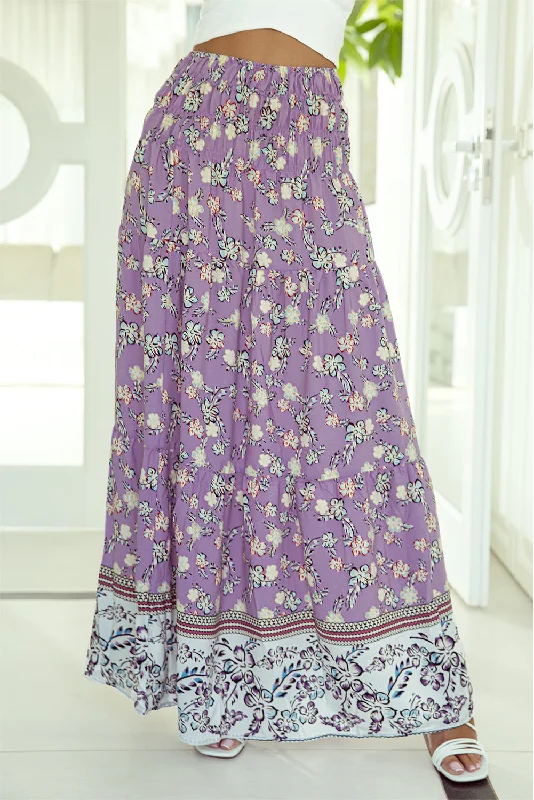 Purple Floral Print Shirred High Waist Maxi Skirt zip skirt side