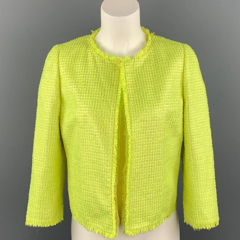 GIAMBATTISTA VALLI Size 8 Green Woven Paper Blend Cropped Open Front Jacket Embroidered Jacket Appliqued Jacket Beaded Jacket GIAMBATTISTA VALLI Size 8 Green Woven Paper Blend Cropped Open Front Jacket Embroidered Jacket Appliqued Jacket Beaded Jacket