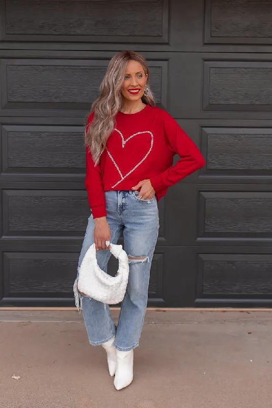 Radiant Love Red Rhinestone Heart Sweater Top Ribbed Striped Patterned