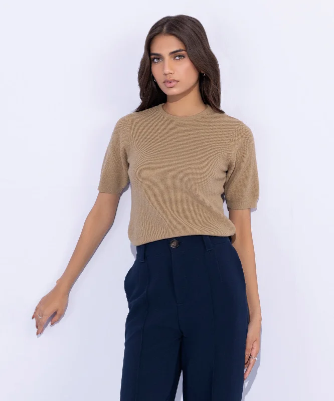 Short Sleeve Sweater Collared Crew Neck Turtle Neck