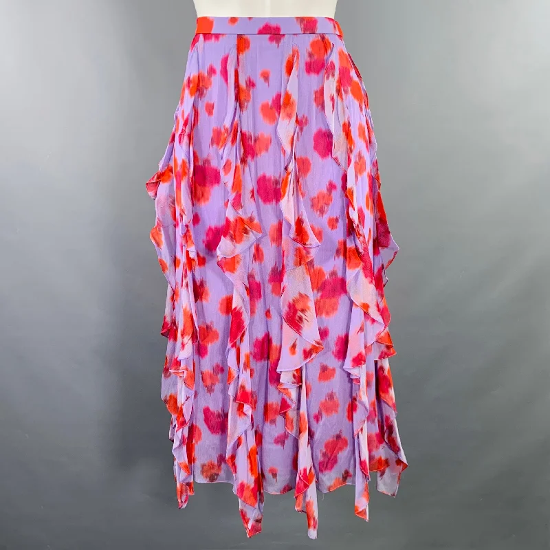 CAROLINA HERRERA Size 2 Purple Red Viscose Abstract Floral Ruffle Midi Skirt velvet skirt luxurious