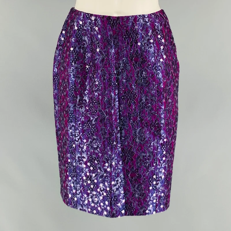 GEOFFREY BEENE Size 6 Purple Silver Lace Below Knee Skirt leather skirt modern