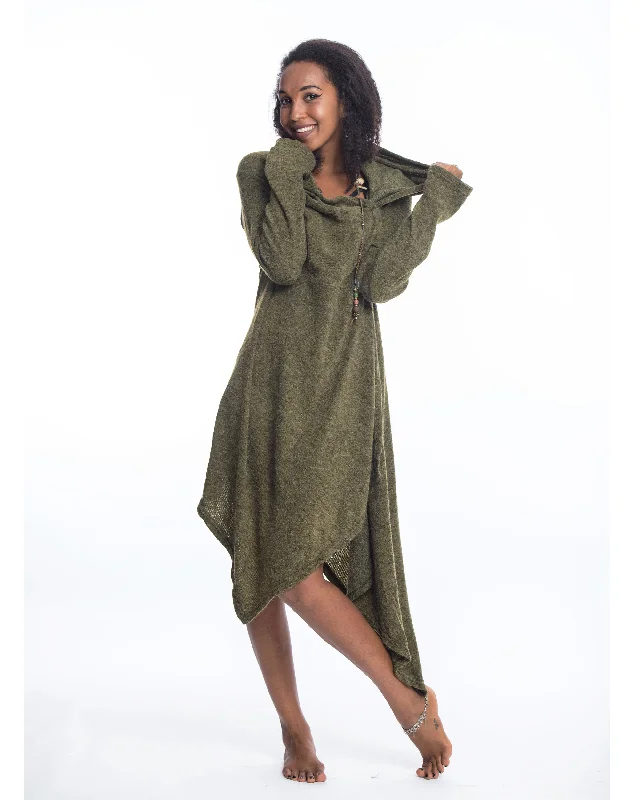 Hooded Pixie Sweater Dress in Green Houndstooth Herringbone Solid