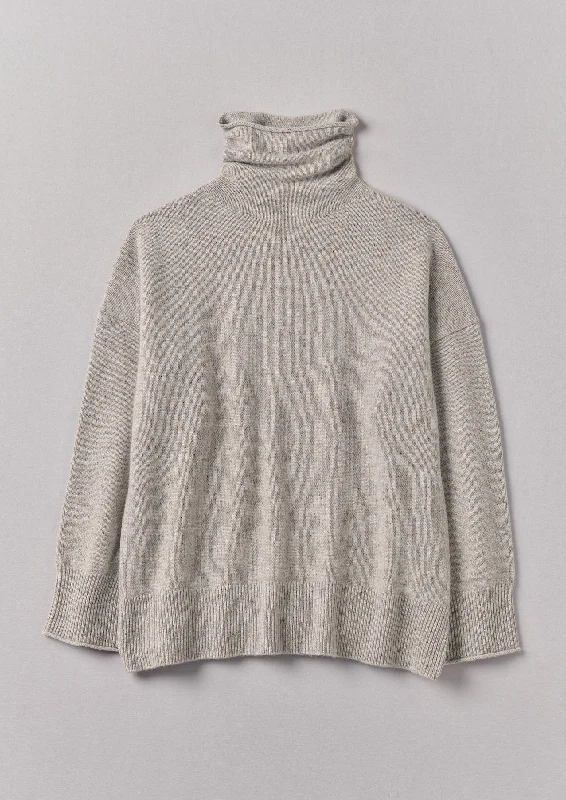 Roll Neck Wool Cashmere Sweater | Oatmeal Herringbone Houndstooth Plaid
