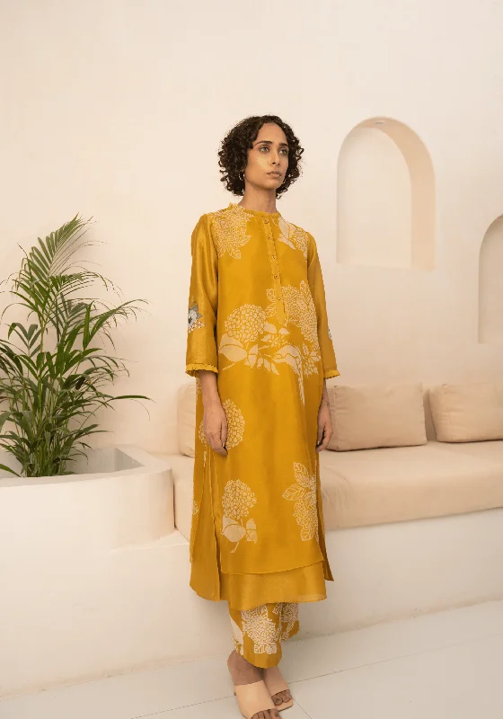 Ochre Floral Double Layered Tunic And Pant Comfortable Wide-Leg Pants