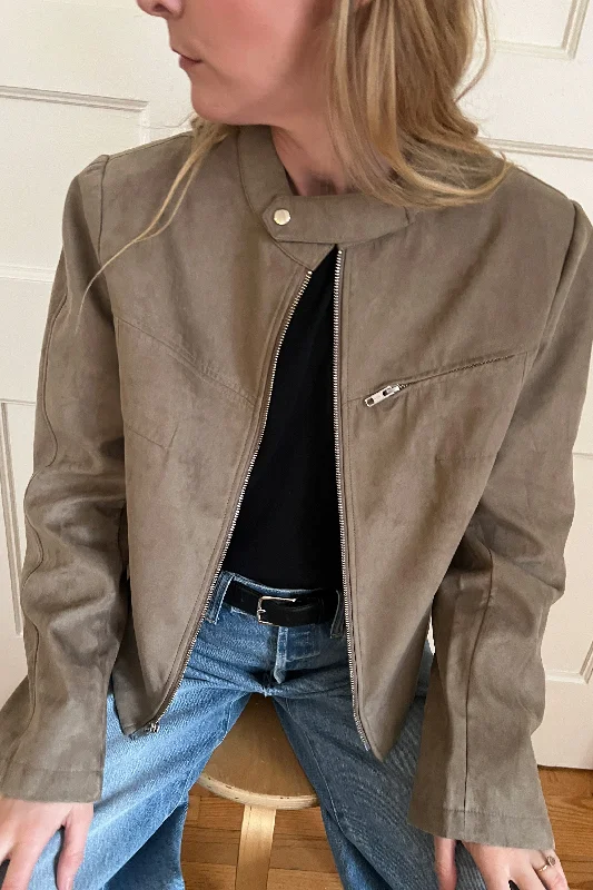 VEGAN SUEDE MOTO JACKET Snapped Jacket Toggled Jacket Drawstring Jacket