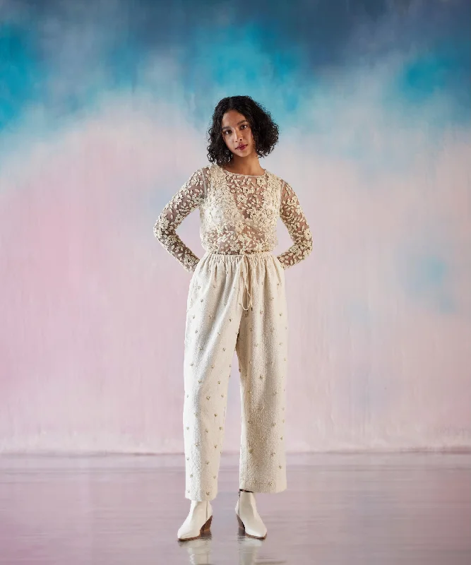 Off White Deep V Bralette, Top And Foam Heart Emb Pants Set Elegant High-Waist Pants Off White Deep V Bralette, Top And Foam Heart Emb Pants Set Elegant High-Waist Pants