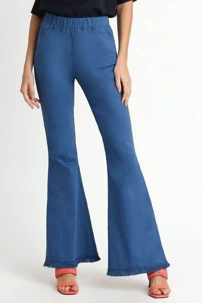 Umgee | Wide Flare Leg Stretch Pants with Frayed Hem Plus Size Soft Cotton Pants