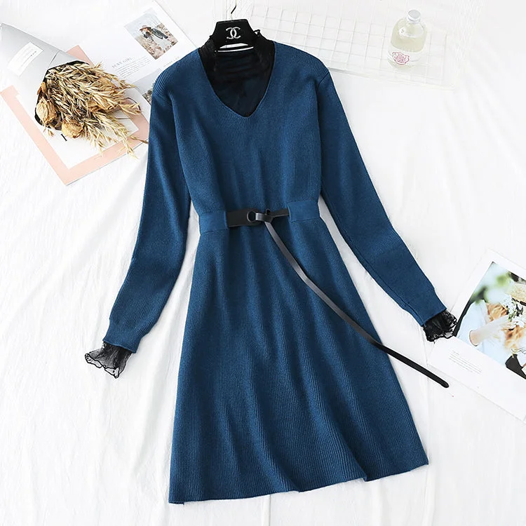 Sweater lace backing temperament fake two skirts  2220 Transparent Opaque Sheer