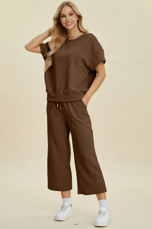 Hazel Blues® | Double Take Texture Round Neck Top and Pants Set Comfortable Pleated Pants Hazel Blues® | Double Take Texture Round Neck Top and Pants Set Comfortable Pleated Pants
