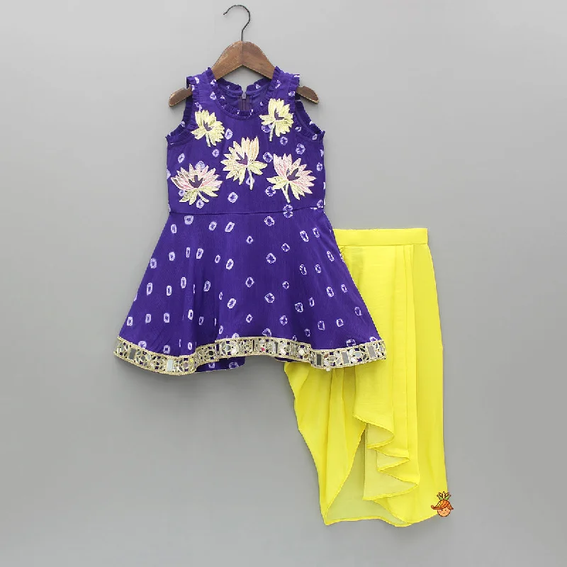 Pre Order: Printed Gota Flower Embroidred Flared Kurti With Dhoti Style Skirt velvet skirt glossy