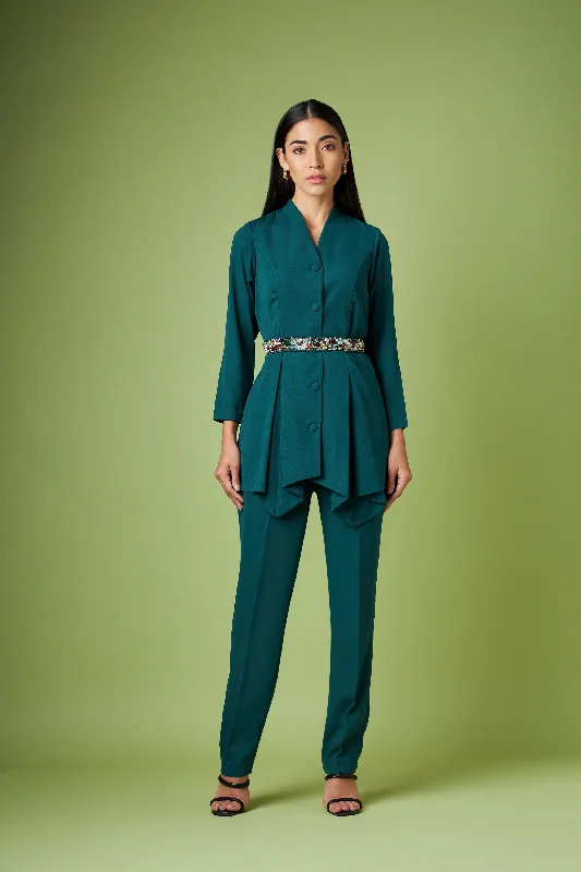 Box Pleat Blazer Pant Suit With Crystal Belt Comfy High-Waist Jeans