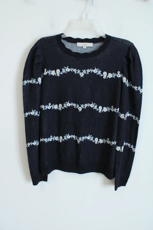 LOFT Navy Blue Floral Knit Sweater | L Zippered Front Buttoned Front Snap Front