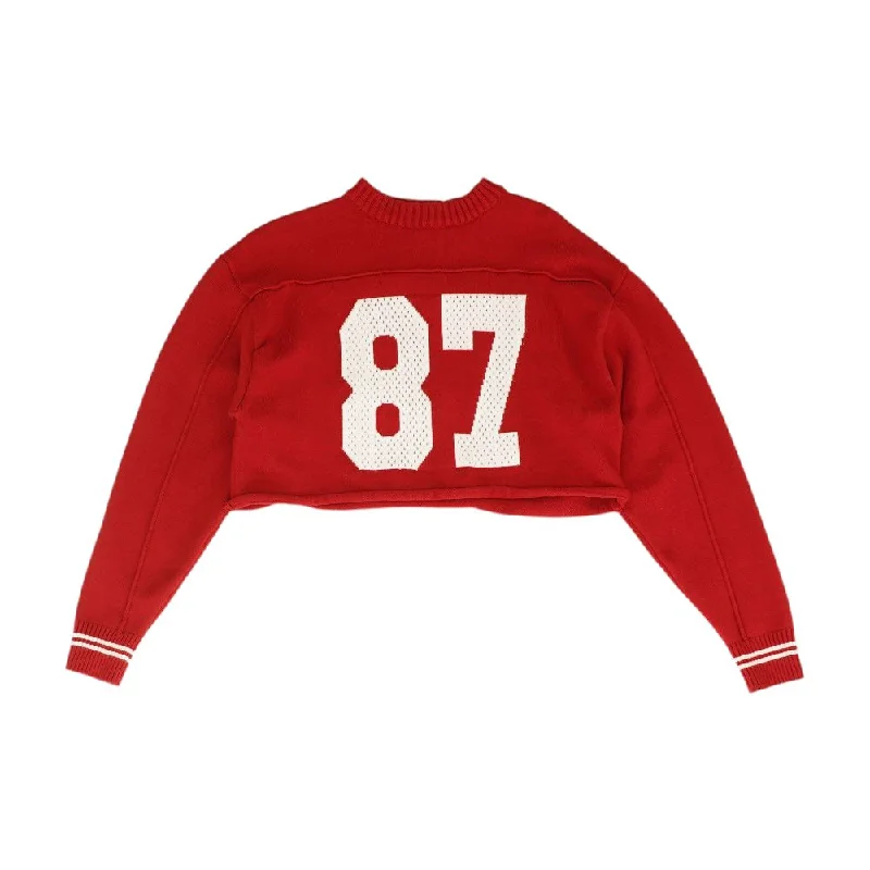 Red Solid Cropped Sweater Beaded Sweater Sequined Faux Fur