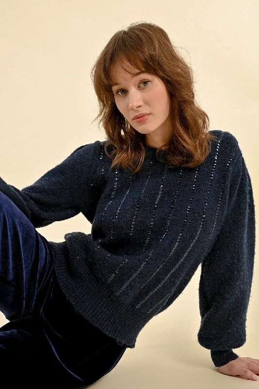 LONG SLEEVE ROUND NECK KNIT SWEATER - NAVY BLUE Boat Neck Shawl Collar Notched Collar