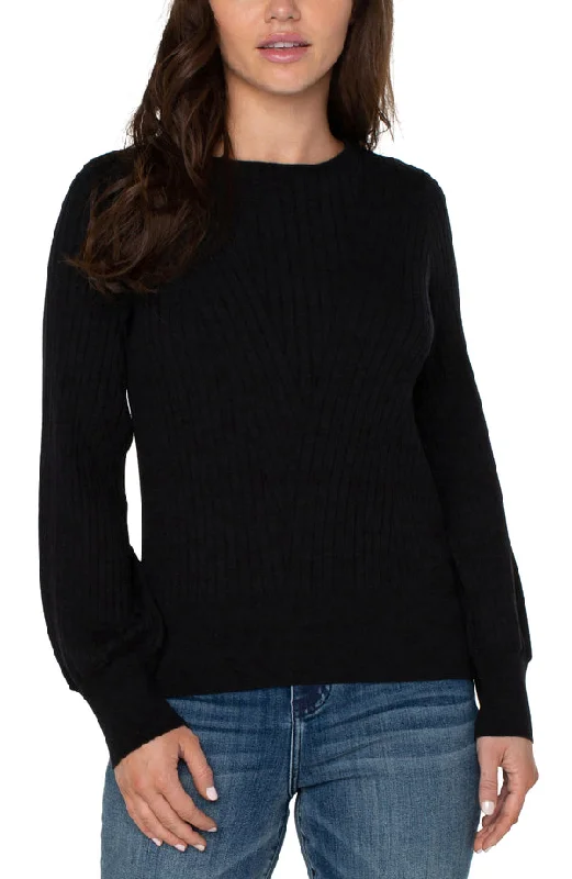 LONG SLEEVE CREW NECK SWEATER W/ RIBBED DETAIL - BLACK Elasticated Padded Insulated