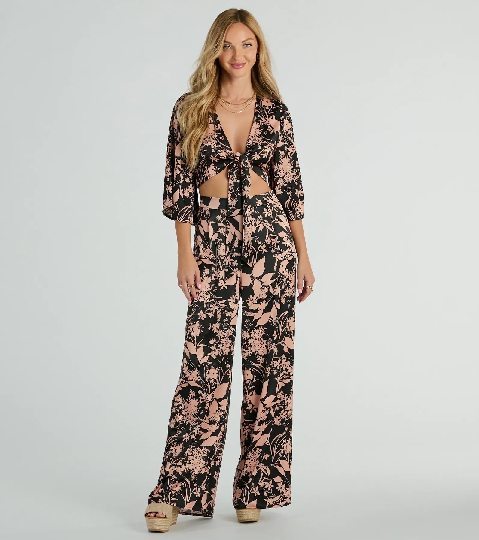 Flawless Floral High Rise Wide-Leg Satin Pants Lightweight Linen Pants