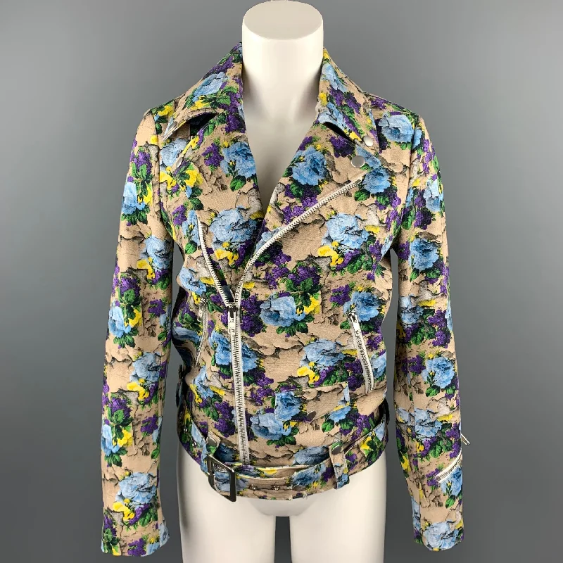 MSGM Size 4 Khaki & Purple Floral Cotton Biker Jacket Bomber Jacket Anorak Windbreaker