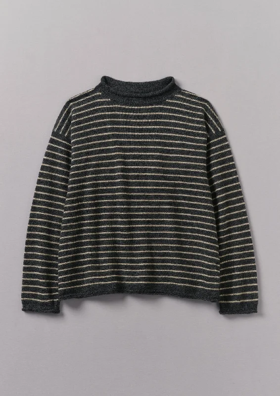 Stripe Alpaca Wool Sweater | Charcoal/Oatmeal Solid Print Embellished