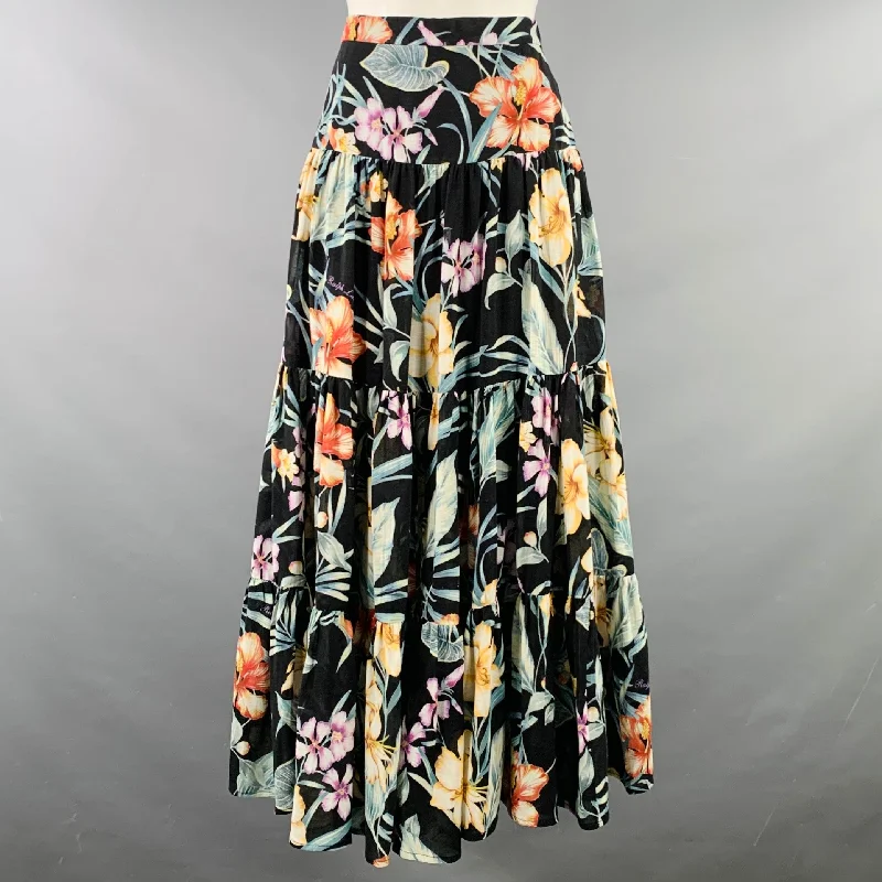 RALPH LAUREN Size 8 Black Sutton Multi Color Viscose Linen Floral Tiered Maxi Skirt velvet skirt rich