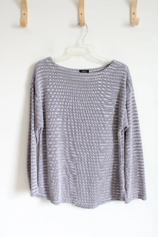 Jones New York Silver Ribbed Sweater Top | M Beaded Sweater Sequined Faux Fur