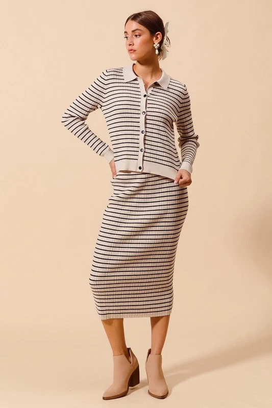 Betsy Ribbed Stripe Sweater in Oatmeal and Black Hooded Caped Shawl Collar