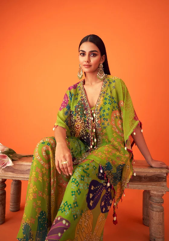 Green Printed Organza Kaftaan Paired With Sharara Pants And Bustier Fashionable Sporty Pants Green Printed Organza Kaftaan Paired With Sharara Pants And Bustier Fashionable Sporty Pants