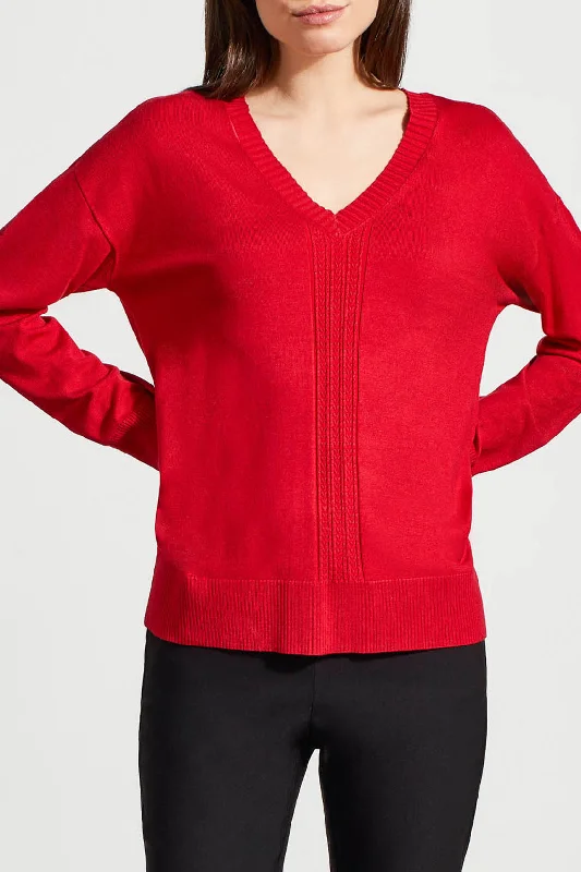 LONG SLEEVE V-NECK SWEATER W/CABLES - SCARLET Wool Fabric Cashmere Fabric Tweed Fabric LONG SLEEVE V-NECK SWEATER W/CABLES - SCARLET Wool Fabric Cashmere Fabric Tweed Fabric