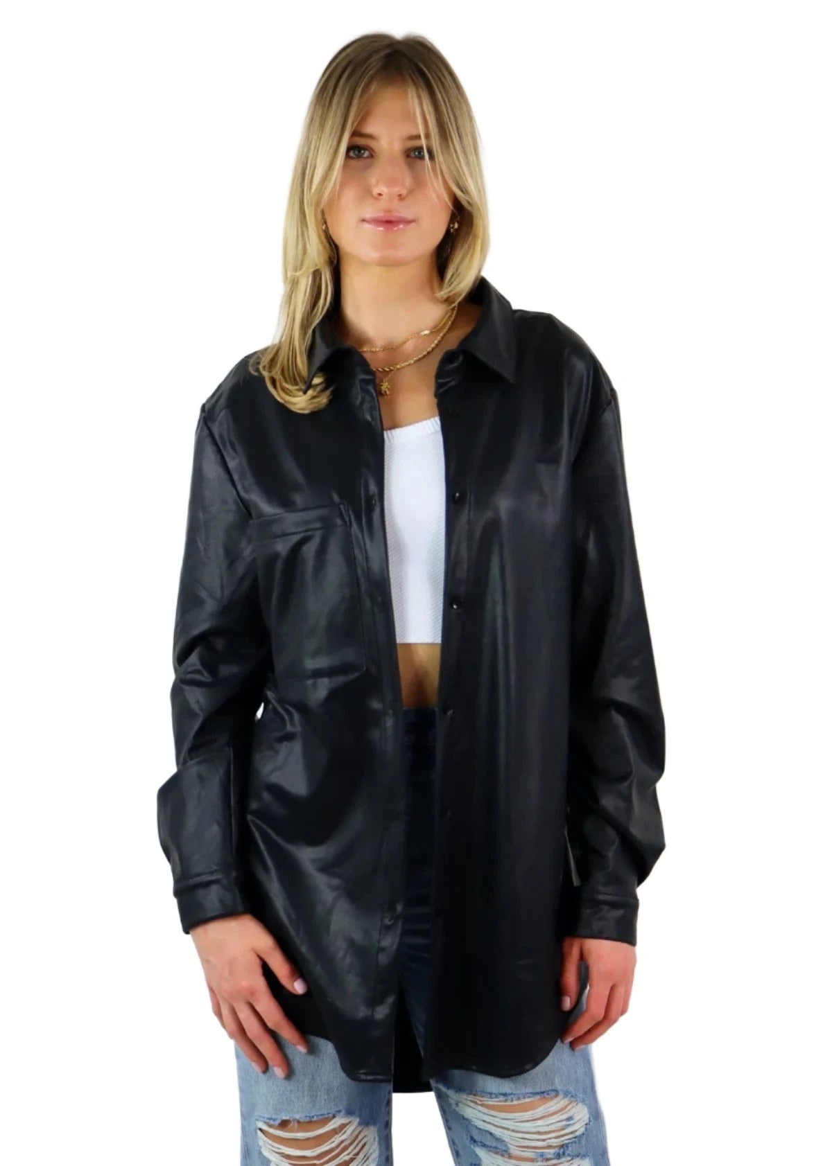 Rock N Rags - "Lost Me" Leather Shacket / Shirt Jacket - Black - Faux Leather Oversized Mesh Jacket Canvas Jacket Denim Jacket Rock N Rags - "Lost Me" Leather Shacket / Shirt Jacket - Black - Faux Leather Oversized Mesh Jacket Canvas Jacket Denim Jacket