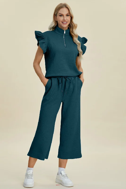 Ruffle Short Sleeve Top and Wide Leg Pants Set (S-3X) Casual Wide Pants
