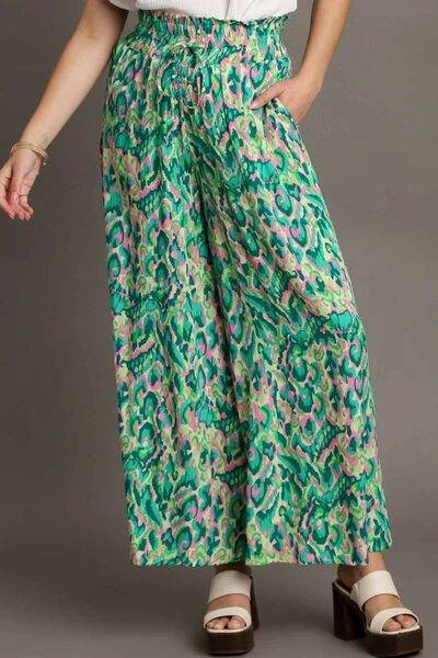 Umgee Mixed Print High Waist Wide Leg Pants Plus Size Slim-Fit Leggings