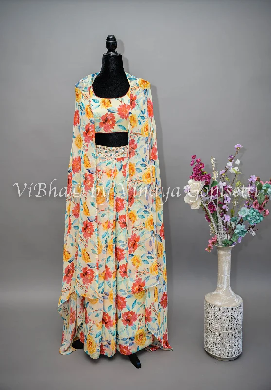 Cream Floral Print Cowl Skirt With Detachable Cape velvet skirt luxury