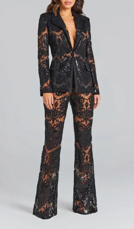 BLACK LACE BLAZER AND PANTS Casual Drawstring Pants