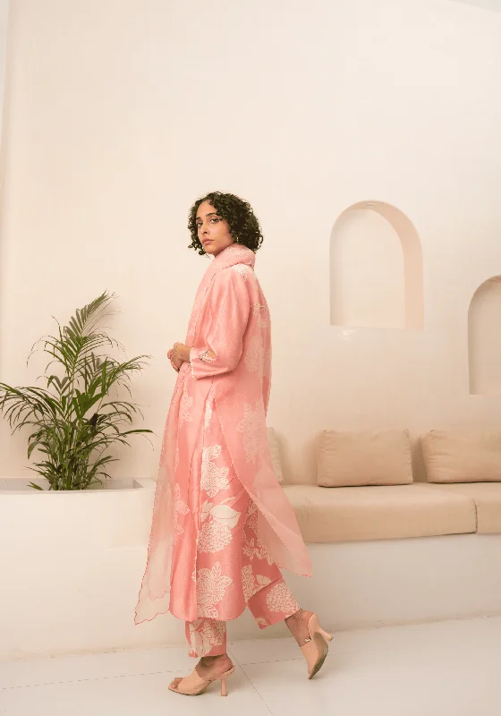 Pink Floral Double Layered Tunic And Pant With Dupatta Chic Faux Leather Pants