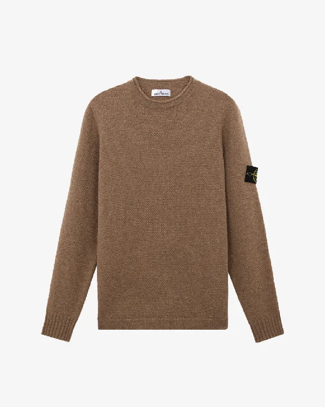 Lambswool Crewneck Sweater Walnut Brown Front Pockets Side Pockets Patch Pockets